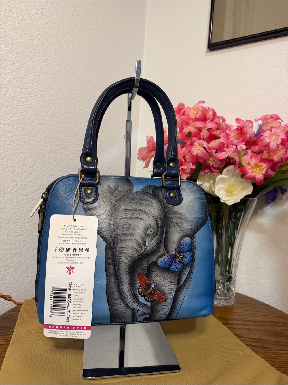 NWT Anna by Anuschka Blue Leather Handpainted Elephant w Butterfly's Bag